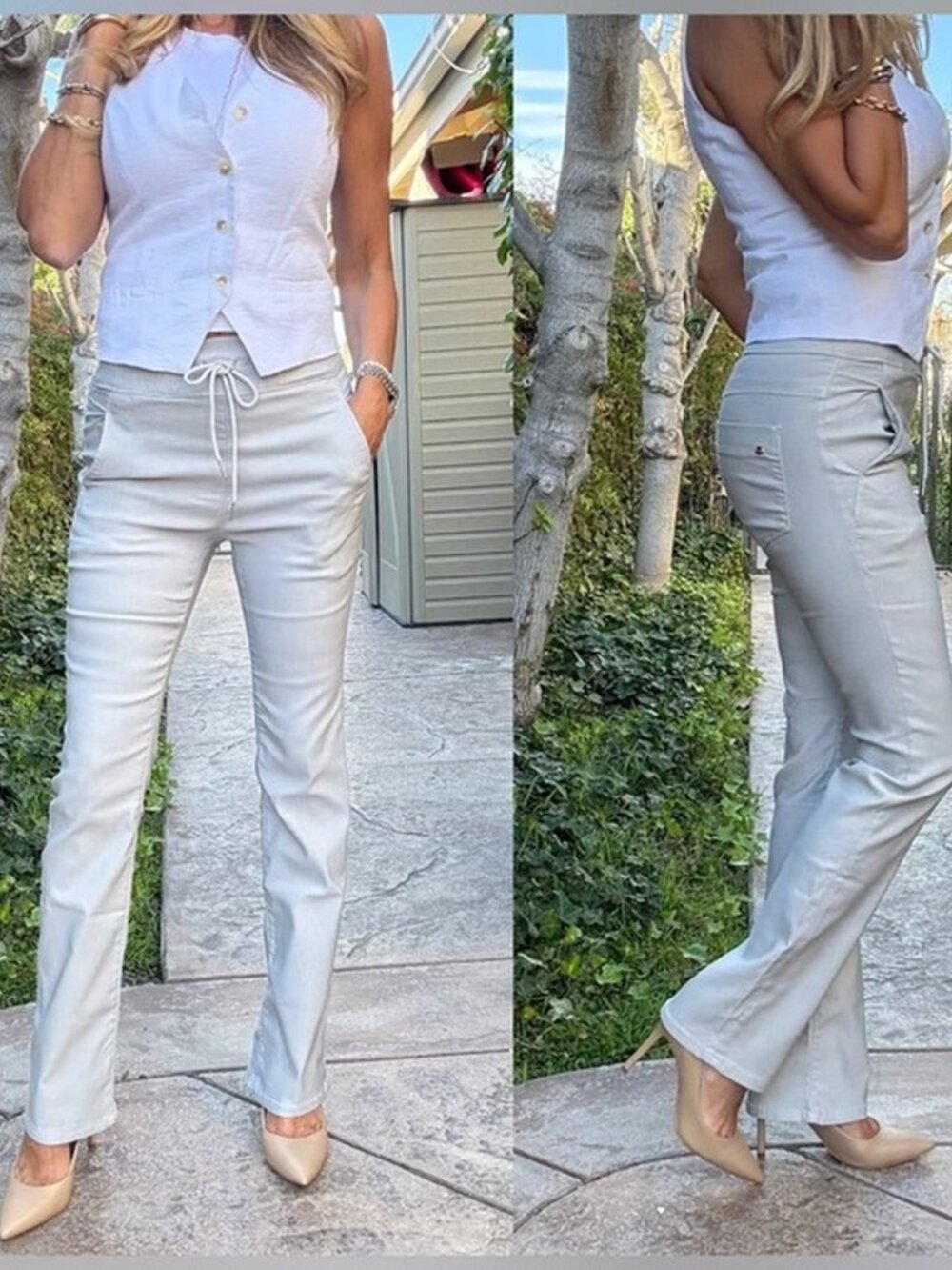 Bevy Flog Loren Light Gray Drawstring Straight Leg Pants Size 25 - Picture 1 of 9